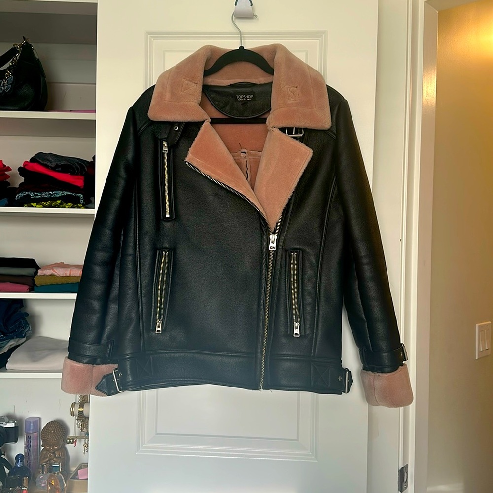 Faux Leather pink lined coat topshop